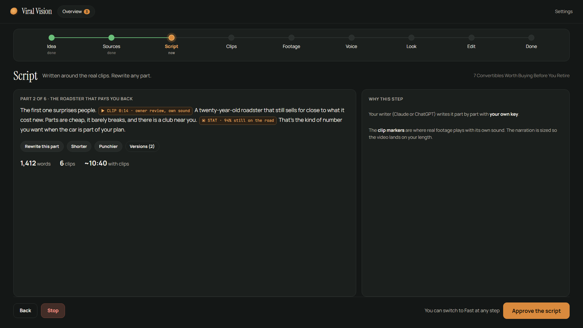 Detailed mode, script step